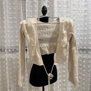 Aerie Beige Open-Knit Cardigan small
